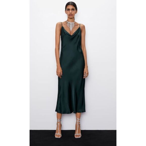 ZARA NWOT COWL NECK SATIN SLIP DRESS Olive green size medium - Picture 1 of 6